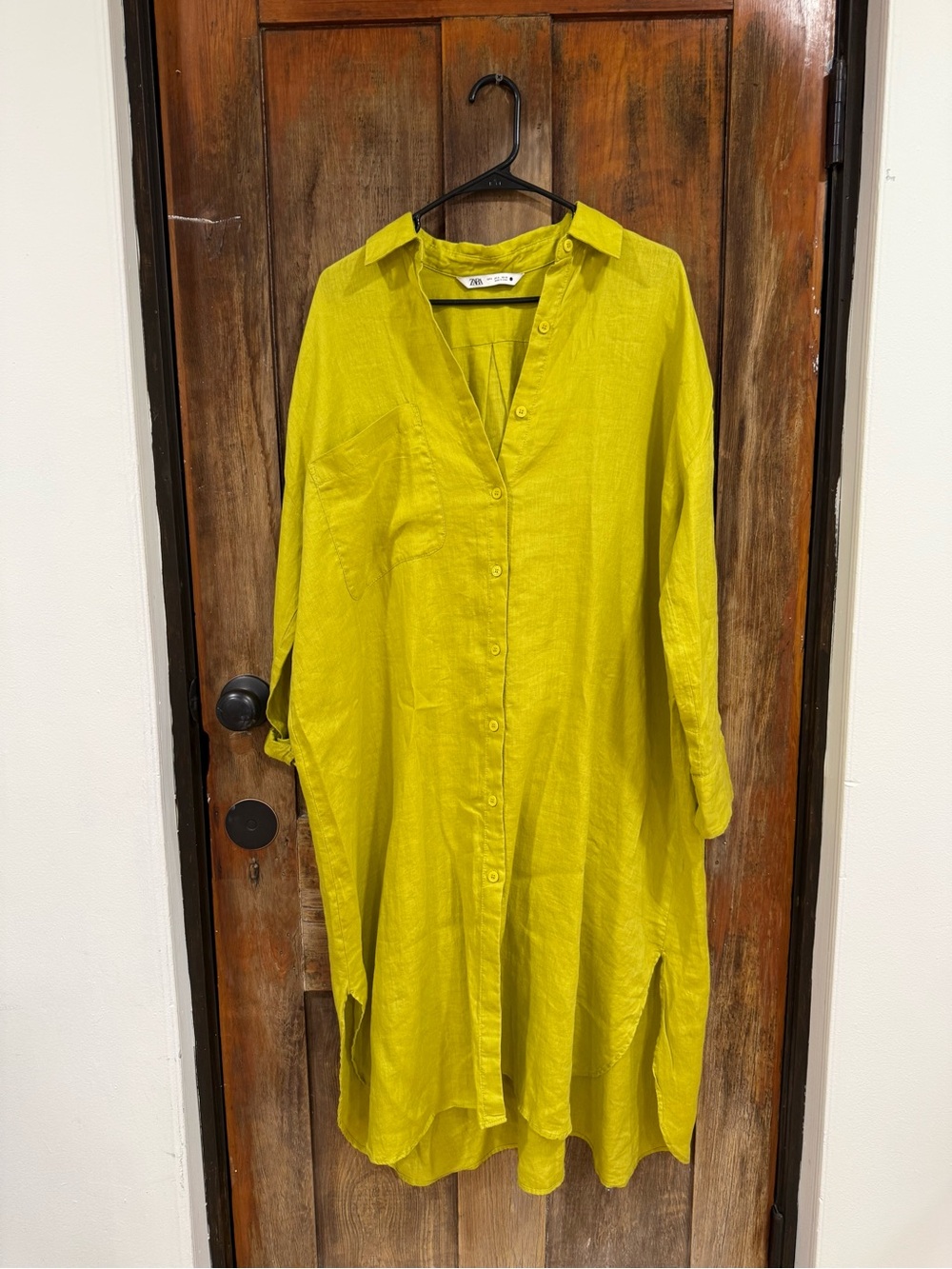 Zara Lime-Green Long Sleeve Linen Shirtdress
